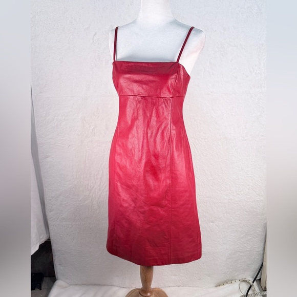 Ralph Lauren Red Leather Mini Dress Size 8 100% Leather Y2K Party Dress - Picture 3 of 15